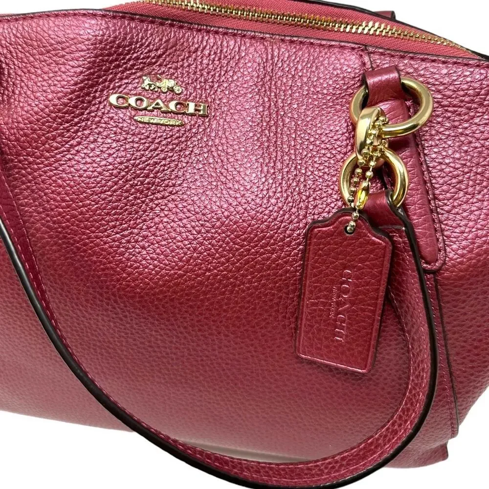 Coach Pebbled Leather Satchel Crossbody Bag Metallic Burgundy Gold Hardware